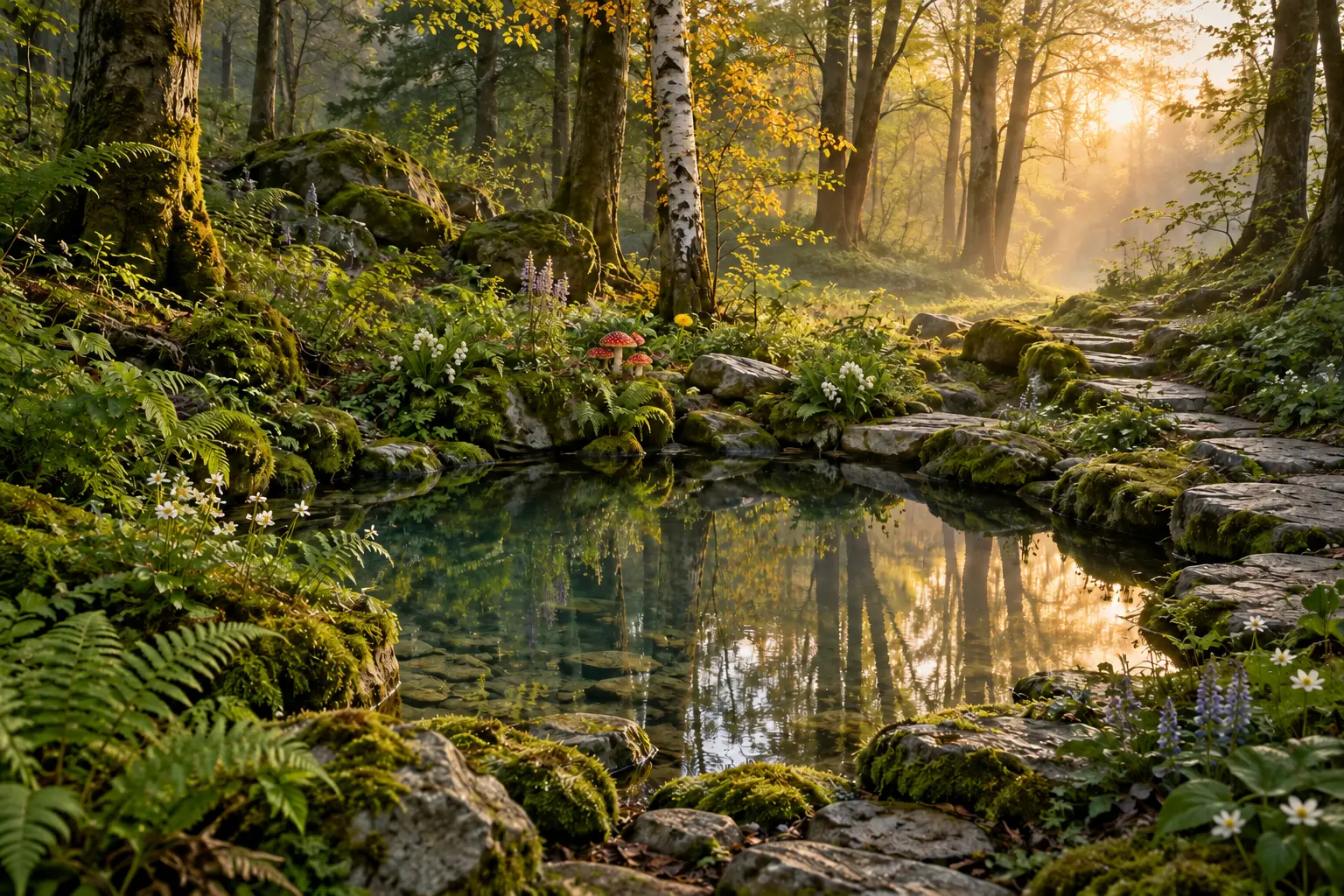 Een verstilde bosbron met lelietjes-van-dalen, vliegenzwammen en een berk in warm ochtendlicht.